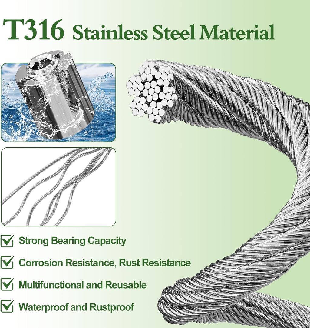 SPECILITE Wire Trellis for Climbing Plants Outdoor, 30-Set T316 Stainless Steel Kit, 1/8in x 150ft Ropes with Cable Cutter, Espalier System for Fence Wall and Garden DIY