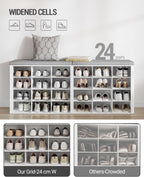 Hzuaneri Shoe Storage Bench with Cushion, Entryway Storage Bench with 24 Cubbies, 9.5" Widened Organizer Cabinet, Long Cubby Rack for Living Room, Bedroom, Entryway, White SB32403GY