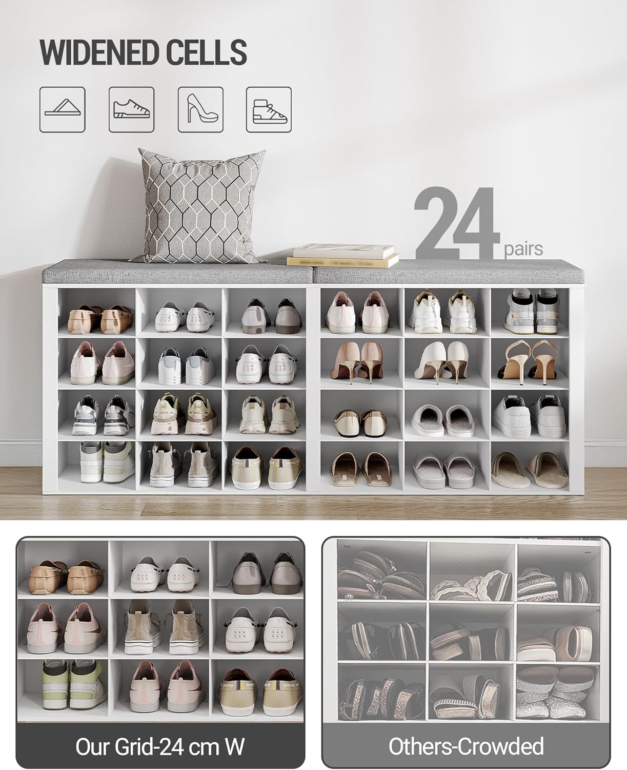 Hzuaneri Shoe Storage Bench with Cushion, Entryway Storage Bench with 24 Cubbies, 9.5" Widened Organizer Cabinet, Long Cubby Rack for Living Room, Bedroom, Entryway, White SB32403GY