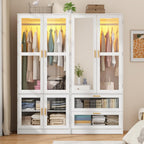4 Doors Armoire Wardrobe Closet with LED and Mirror,71" H Freestanding Wooden Wardrobe Closet Cabinet for Bedroom w 2 Drawers,Wooden Clothing Storage Cabinet w Hanging Rod,Closets for Bedroom(White)