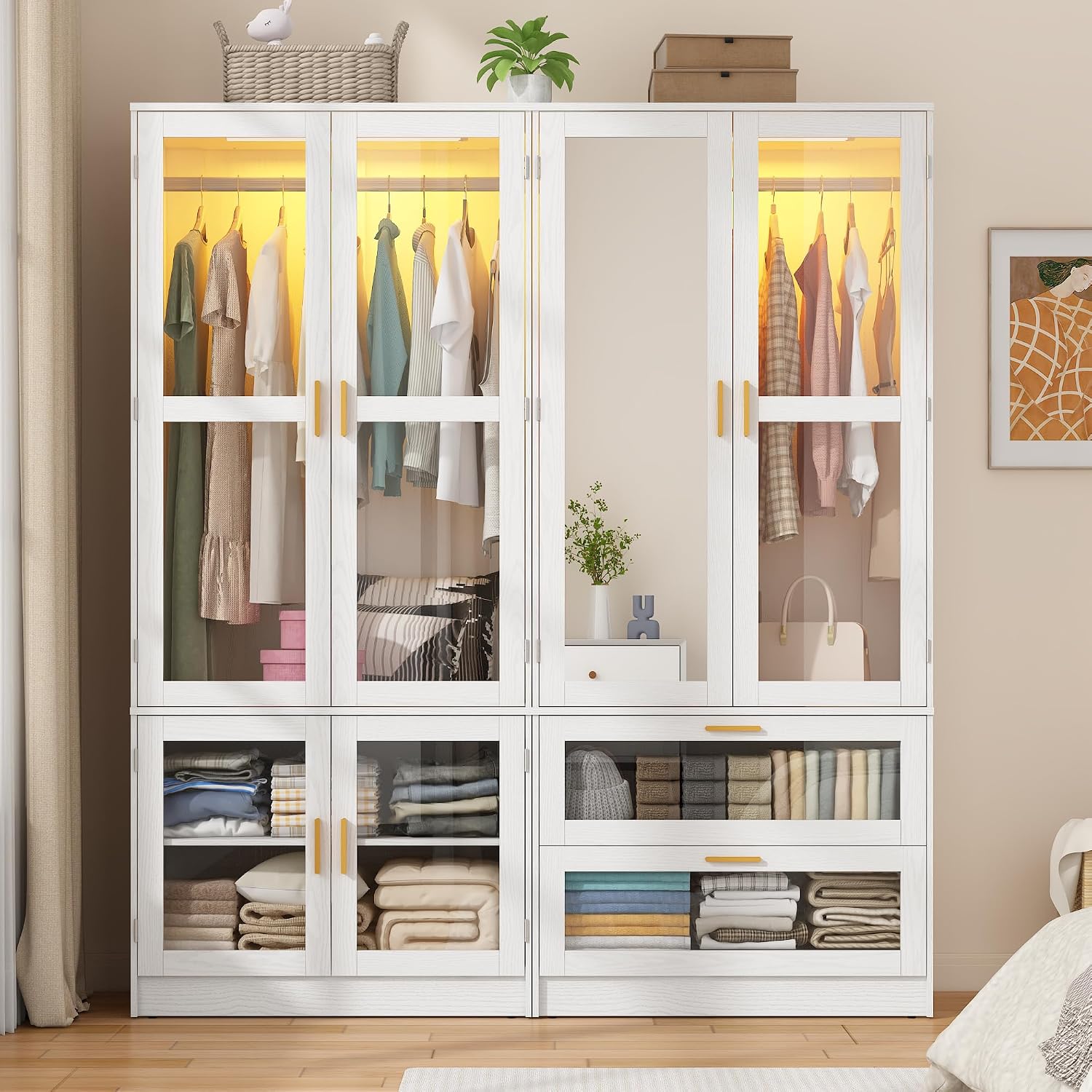 4 Doors Armoire Wardrobe Closet with LED and Mirror,71" H Freestanding Wooden Wardrobe Closet Cabinet for Bedroom w 2 Drawers,Wooden Clothing Storage Cabinet w Hanging Rod,Closets for Bedroom(White)