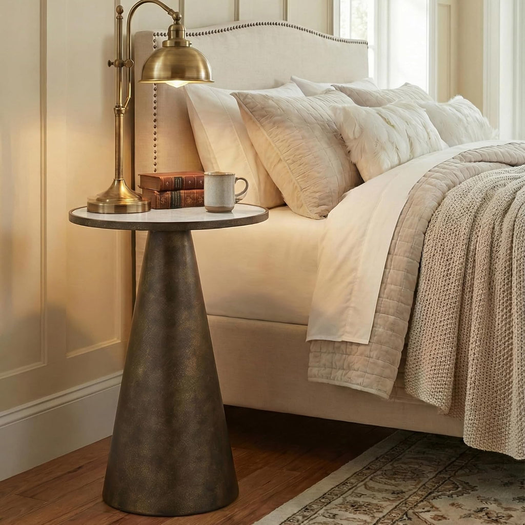 Hyfirm Black Brass Pedestal End Table with Faux White Marble Top, 16x16x23 Round Side Drink Table for Living Room, Vintage Industrial Metal Stand for Couch & Accent Chairs in Small Spaces