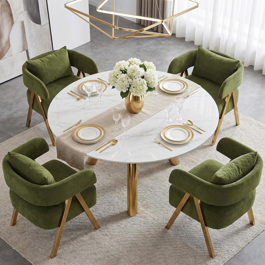 STHOUYN Modern Dining Chairs Set of 4, Upholstered Velvet Dining Room Chairs, Barrel Chairs for Kitchen with Golden Metal Legs, Curved Backrest (Green, 4 PCS)