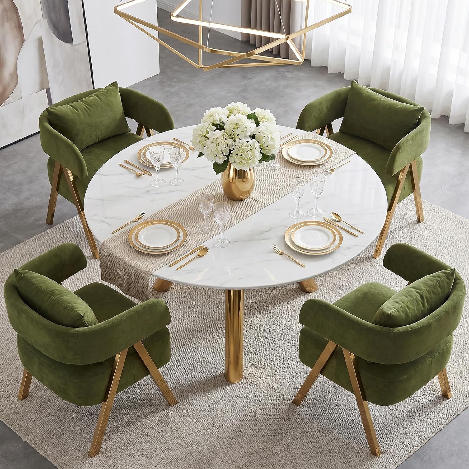 STHOUYN Modern Dining Chairs Set of 4, Upholstered Velvet Dining Room Chairs, Barrel Chairs for Kitchen with Golden Metal Legs, Curved Backrest (Green, 4 PCS)