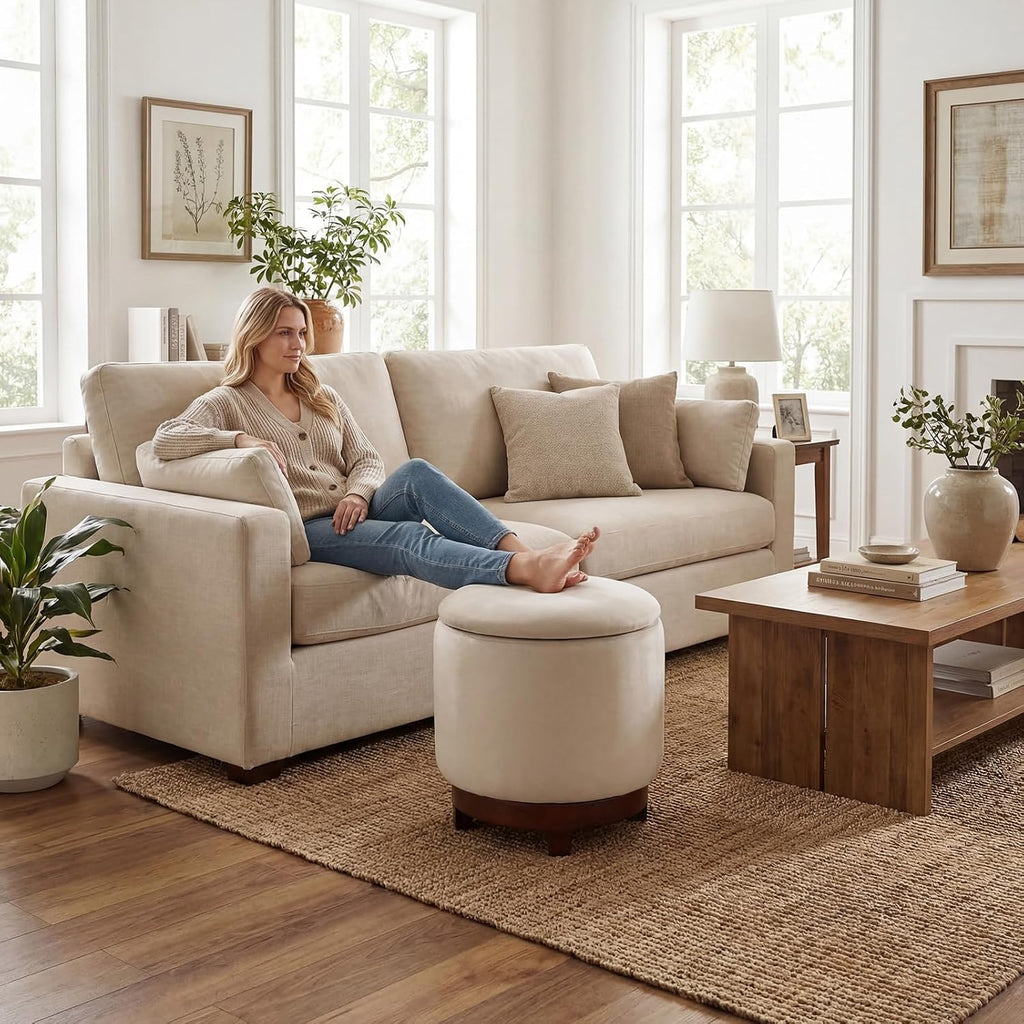 GIANTEX Round Ottoman with Storage, 360° Swivel Velvet Vanity Stool with Removable Lid, Wood Frame & Legs, Ottoman Foot Rest for Living Room, Bedroom, Makeup Room No Assembly (White & Walnut)