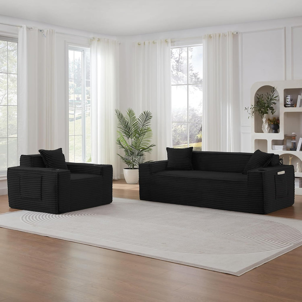 Sectional Sofa 3 Piece Set with Cup Holders & Side Pockets, Modern Corduroy Fabric Deep Seat Cloud Couch Living Room, Office, No Assembly (Black)