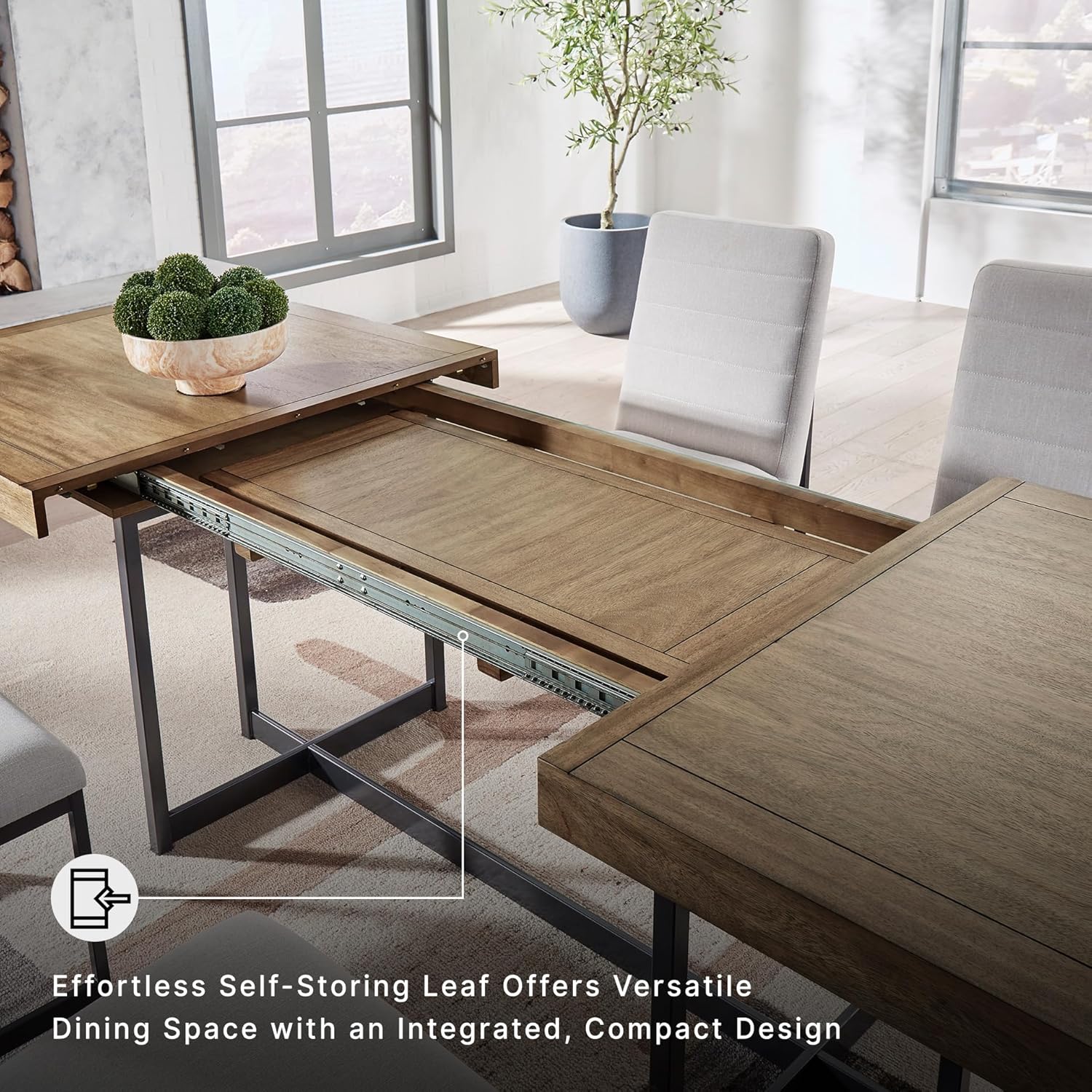 Signature Design by Ashley Tomtyn Casual Self Storing Leaf Dining Extension Table with Trestle Base, Light Brown