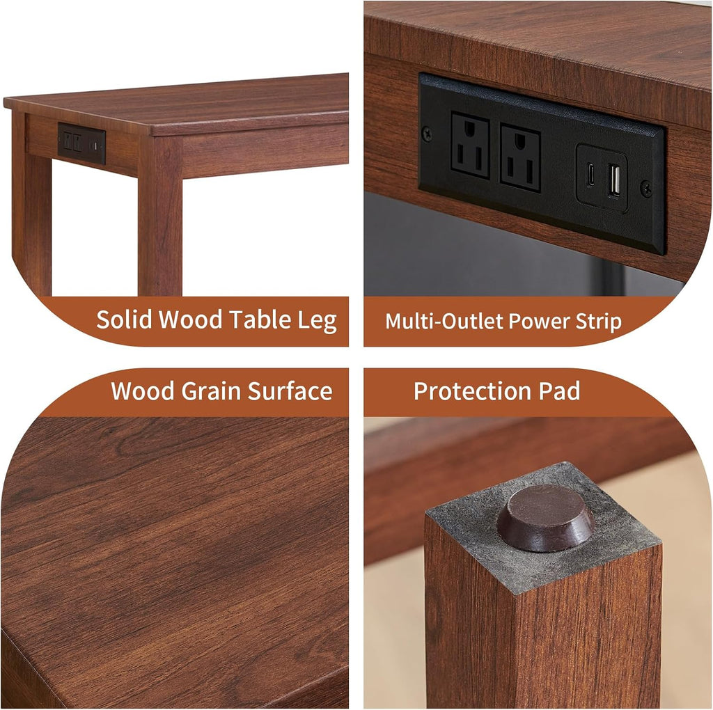 59" Dining Bar Table Set with Power Outlet, Behind Couch Sofa Table with 3 Padded Stools, 4 Piece Bar Table and Chairs Set for Living Room, Dining Room, Cherry