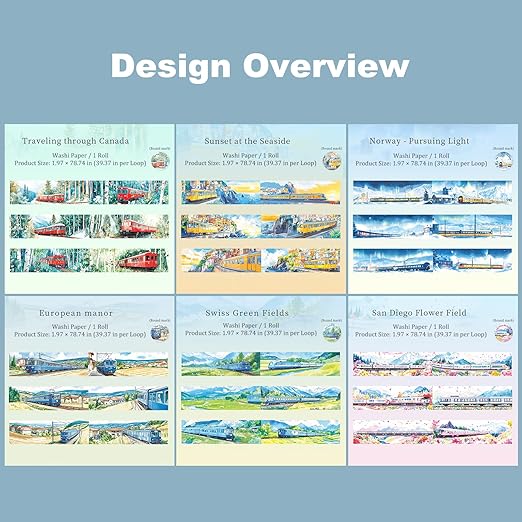 Train Scenery Washi Tape Set – 6 Rolls Travel & Nature Inspired with Clip for Scrapbook Journals DIY Crafts Decoration 1.97"x78.7" 39.37in per Loop