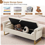 66" King Size Storage Bench for Bedroom End of Bed Benches with Storage | Bedroom Benches for Foot of Bed King with Gold Legs,2 Pillows,Storage Ottoman Bench for Bedroom,Entryway Teddy Ivory White