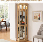 Tall Corner Cabinet with Glass Doors, Lighted Glass Display Curio Cabinet with Adjustable Shelves, Home Office Floor Standing Display Cabinets for Bar, Liquor Storage and Medal, Light Oak