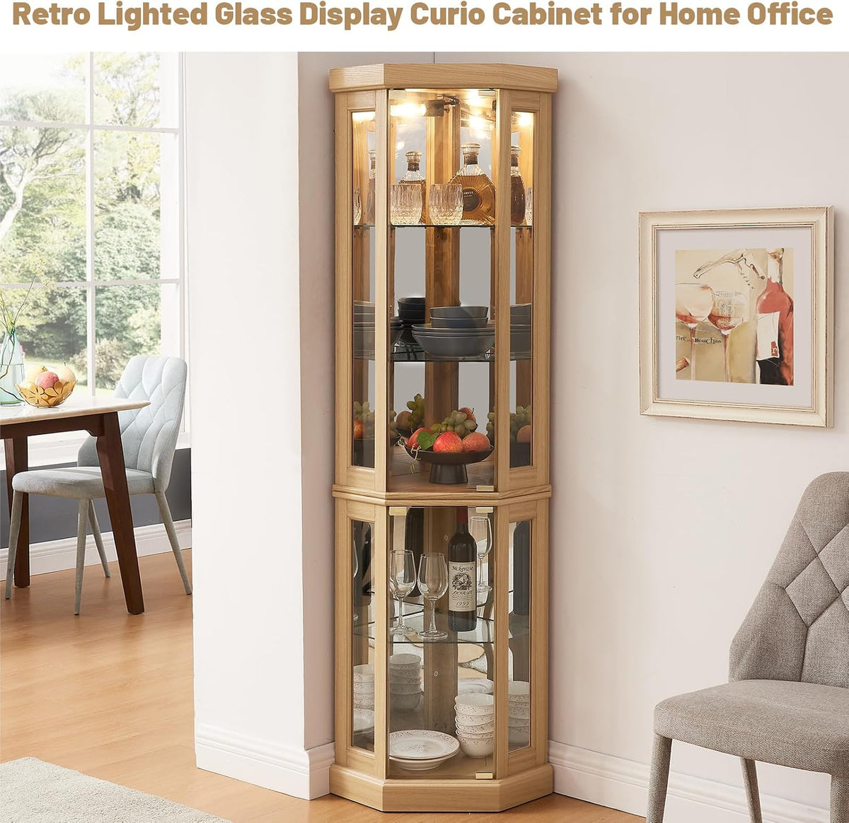 Tall Corner Cabinet with Glass Doors, Lighted Glass Display Curio Cabinet with Adjustable Shelves, Home Office Floor Standing Display Cabinets for Bar, Liquor Storage and Medal, Light Oak