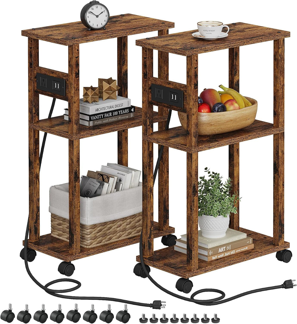 TUTOTAK Small Narrow Side Table with Charging Station, Skinny End Table for Small Spaces, Slim Nightstand with USB Ports and Outlet, Sofa Beside Table with Wheels, Rustic Brown TB01BB047C