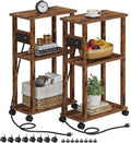 TUTOTAK Small Narrow Side Table with Charging Station, Skinny End Table for Small Spaces, Slim Nightstand with USB Ports and Outlet, Sofa Beside Table with Wheels, Rustic Brown TB01BB047C