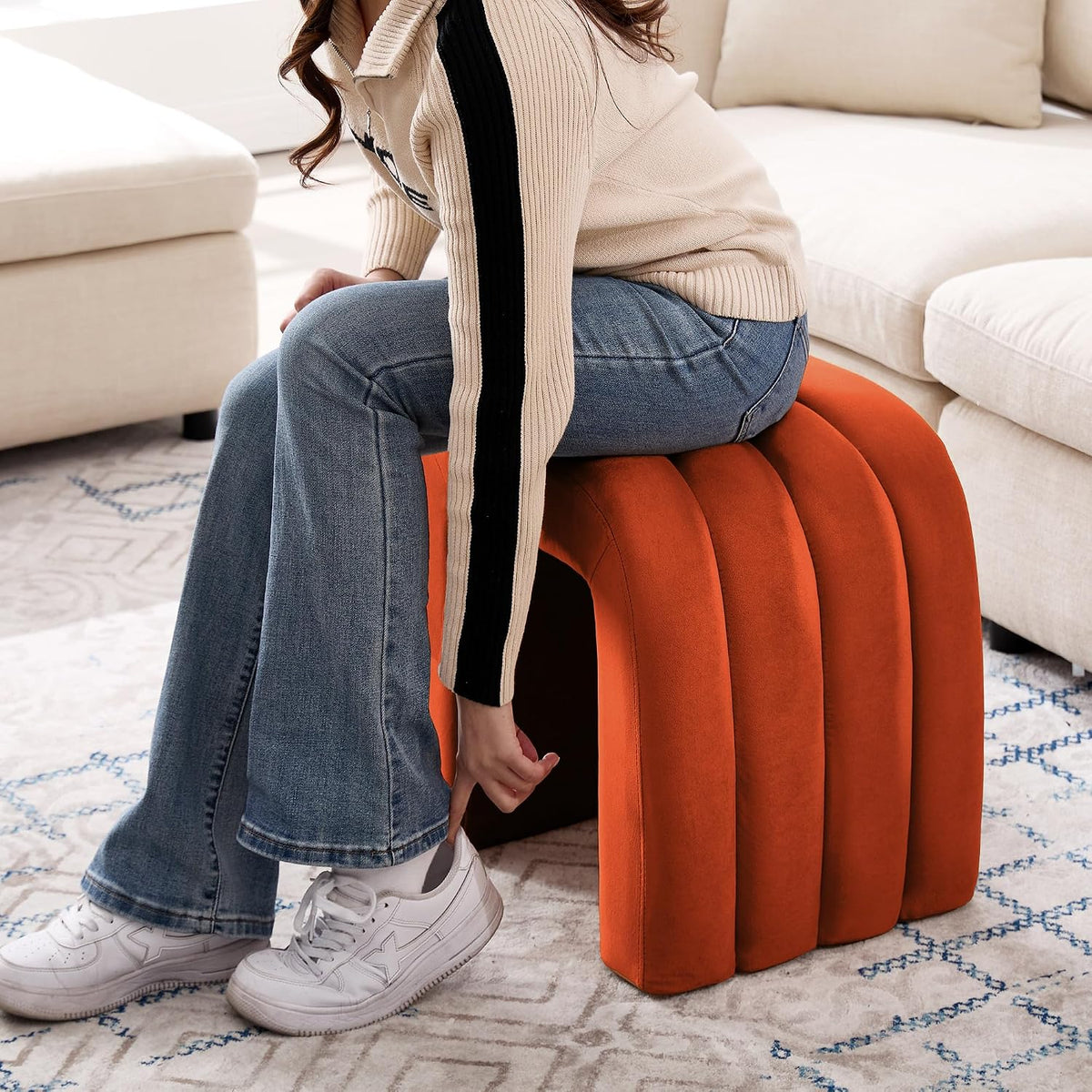 Flouki Velvet Ottoman Stools, Multifunctional Arch Ottomans, Makeup Vanity Stools, Ottomans for Bedroom, Dorm, Side Table Seat for Living Room, Entryway (Rust)