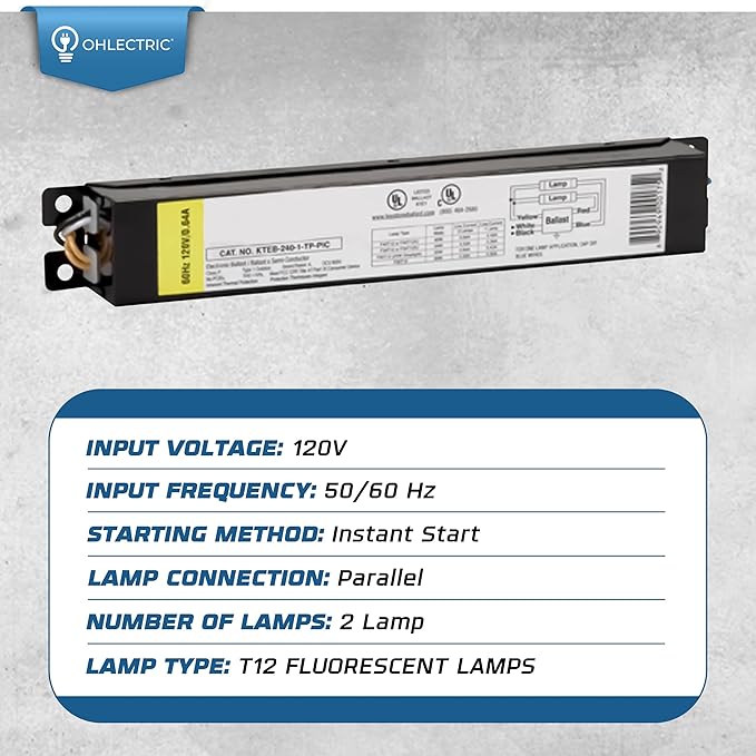 OHLECTRIC Replacement for Keystone KTEB-240-1-TP-PIC 2 Lamp T12 Electronic Fluorescent Ballast | 120V Input with Instant Start Operation | 0.85 Ballast Factor, UL-Approved