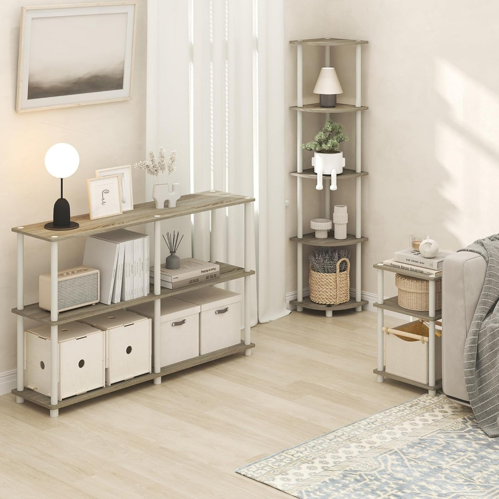 Furinno Turn-N-Tube Side Table, 3-Tier End Table with Open Shelf, Toolless Assembly Night Stand, Bedside Table, for Living Room, Bedroom, Light Oak