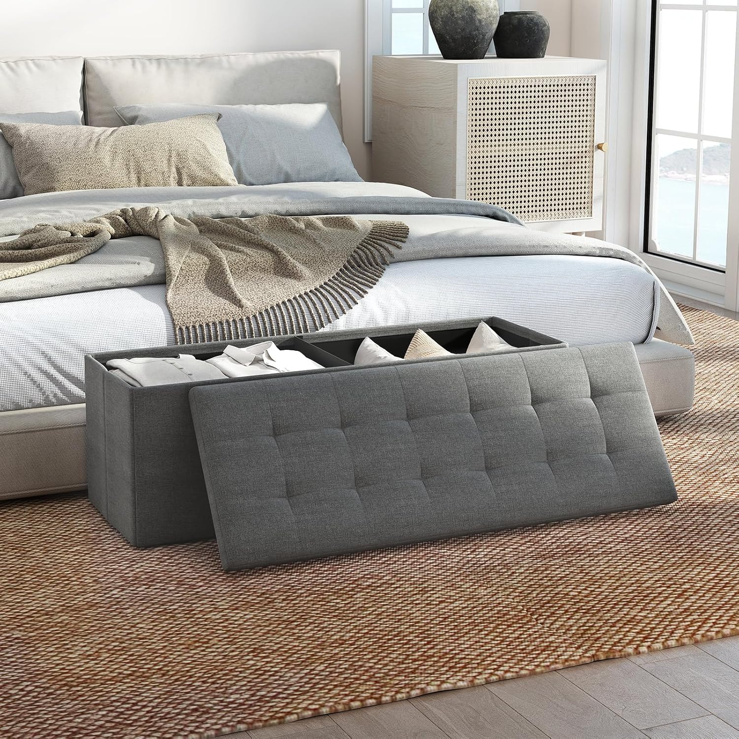 43" Folding Storage Ottoman Bench, End of Bed Foot Rest Stool with Removable Divider & Side Pocket, Storage Chest for Entryway, Living Room, Bedroom, 660 lbs Weight Capacity (Dark Grey)