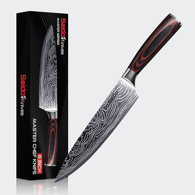 Seido Knives Master Chef Knife Japanese Handmade High Carbon Steel 8 inch - Perfectly Well-Balanced Pakka Wood Handle Kitchen Slicing Knife Razor-sharp Blade Precision Cutting