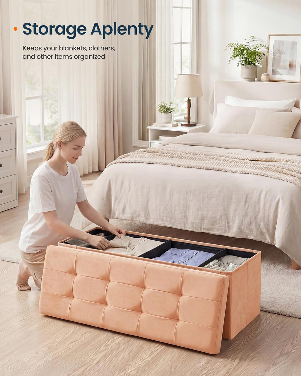 SONGMICS HOME Ottoman with Storage, Removable Lid, Folding Storage Chest, Easy Assembly, for Entryway, Bedroom, Living Room, 15.2 x 43.2 x 15.2 Inches, Velvet, Orange