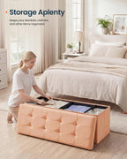 SONGMICS HOME Ottoman with Storage, Removable Lid, Folding Storage Chest, Easy Assembly, for Entryway, Bedroom, Living Room, 15.2 x 43.2 x 15.2 Inches, Velvet, Orange