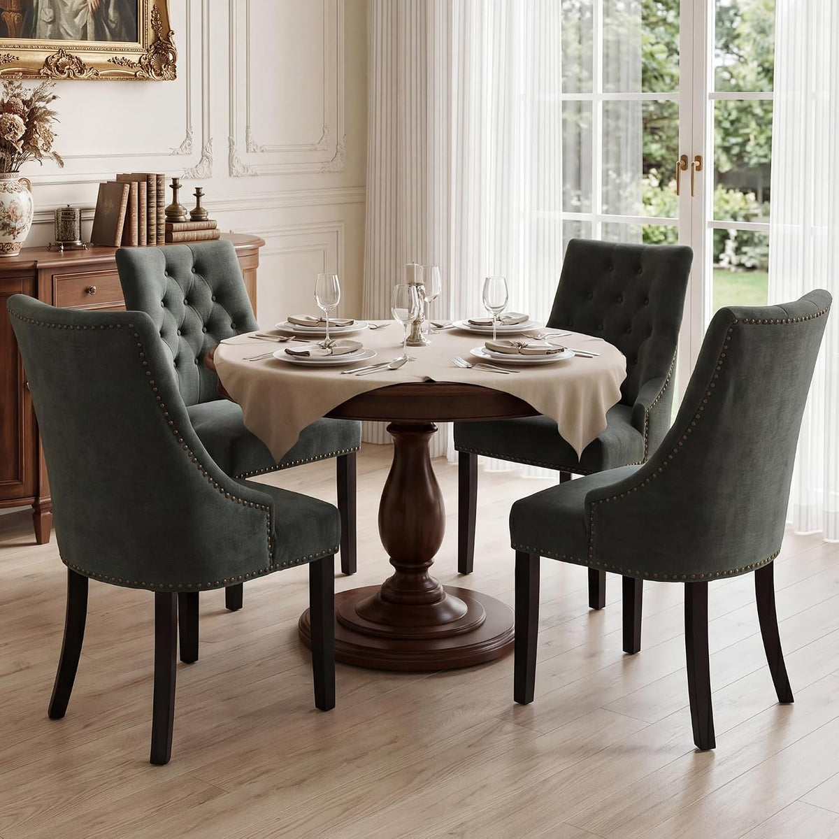 LSSBOUGHT Tufted Dining Chairs, Upholstered Accent Chairs with Nailhead Trim Solid Wood Legs for Kitchen & Dining Room (Green, Set of 2)