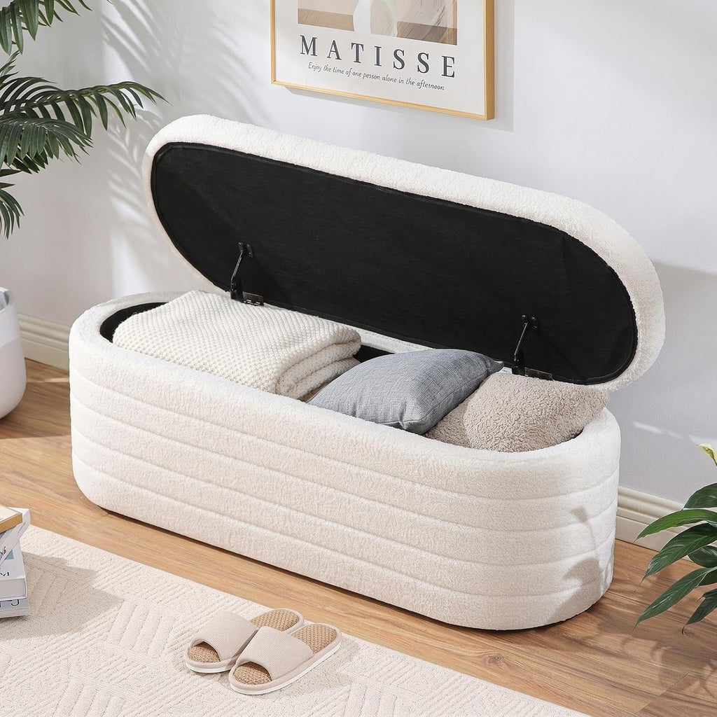 Teddy Sherpa Storage Ottoman Bench End of Bed, White | Modern Boucle, Oval Design, Safety Hinge Lid, Hidden Storage, Window Seat, Living Room, Bedroom, Entryway, No Assembly