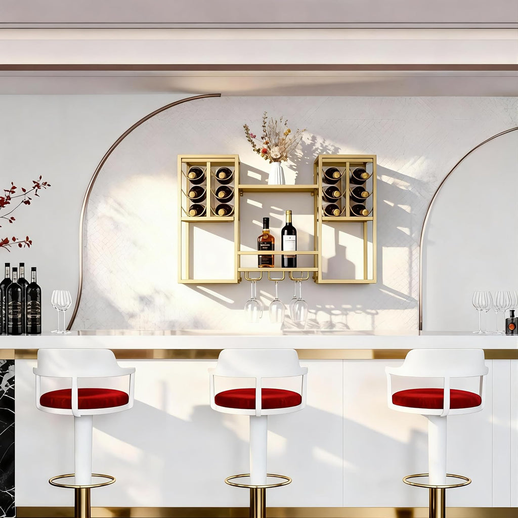 Wall-Mounted Wine Rack Tiered, Bistro Metal Hanging Bar Shelf, Floating Liquor Shelves with Glass Holders for Bars Club Home, Gold