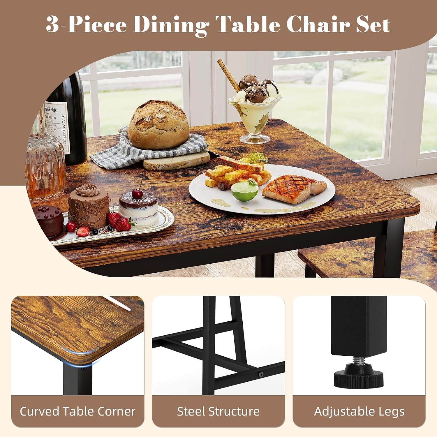 Yafylly Small Space 3 Piece Dining Table Set for 2, Compact Kitchen Table Set with 2 Chairs & Adjustable Feet, Modern Breakfast Nook Furniture for Apartment, Dorm, or Home, Rustic Brown