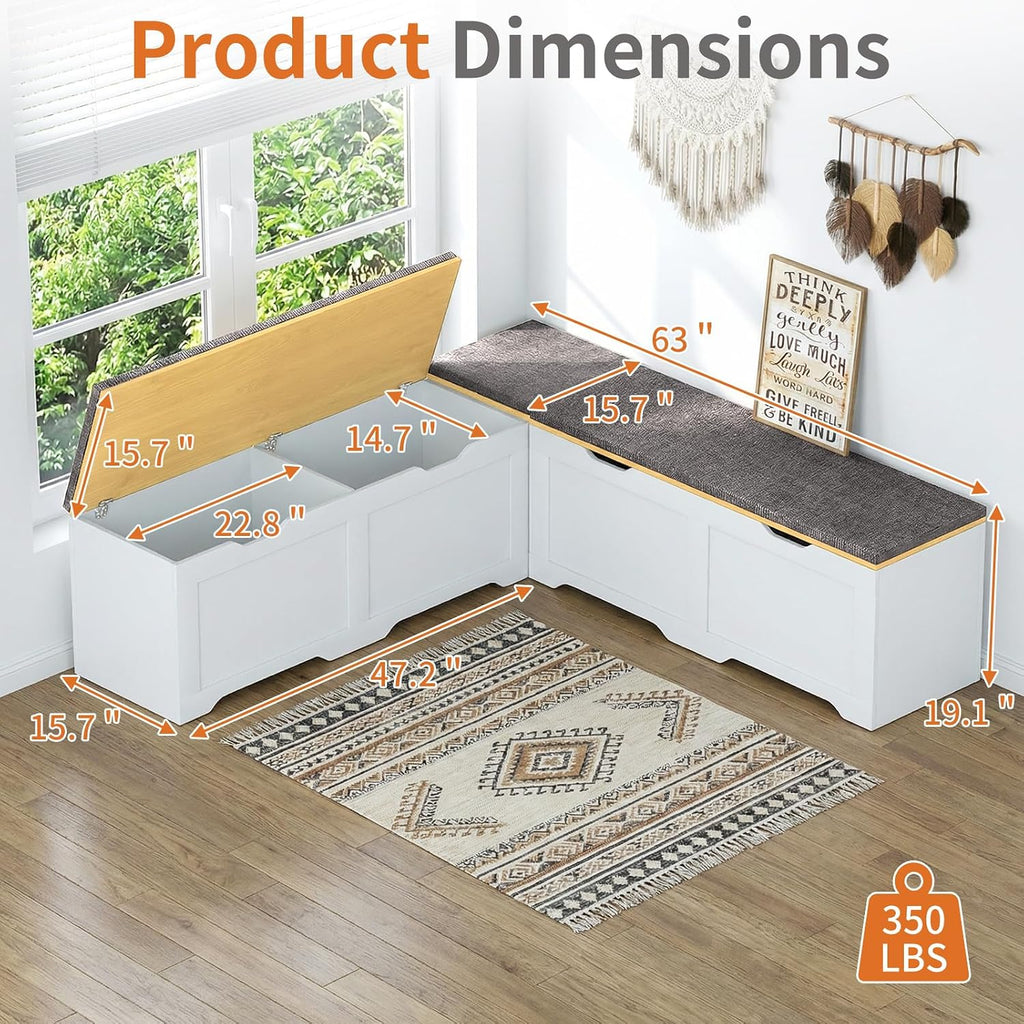 Zevemomo 63" L Shaped Storage Bench with Cushion, Kitchen Breakfast Nook Benches, Corner Storage Bench for Living Room, Kitchen, Entryway, White and Grey