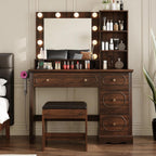 42" Walnut Brown Makeup Vanity Desk with Mirror & Lights & Charging Station | Dark Wood Dressing Table Make Up Desk, Power Outlets & USB Ports, Open Storage, 4 Drawers, Blow Dryer Holder, Vanity Bench