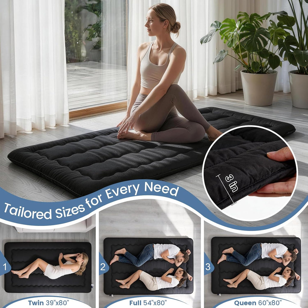 Twin Size Japanese Futon Mattress Foldable Topper Mattress for Floor Tatami Floor Mat Portable Roll-Up Bed for Guest Play mat Sleeping Pad Black B