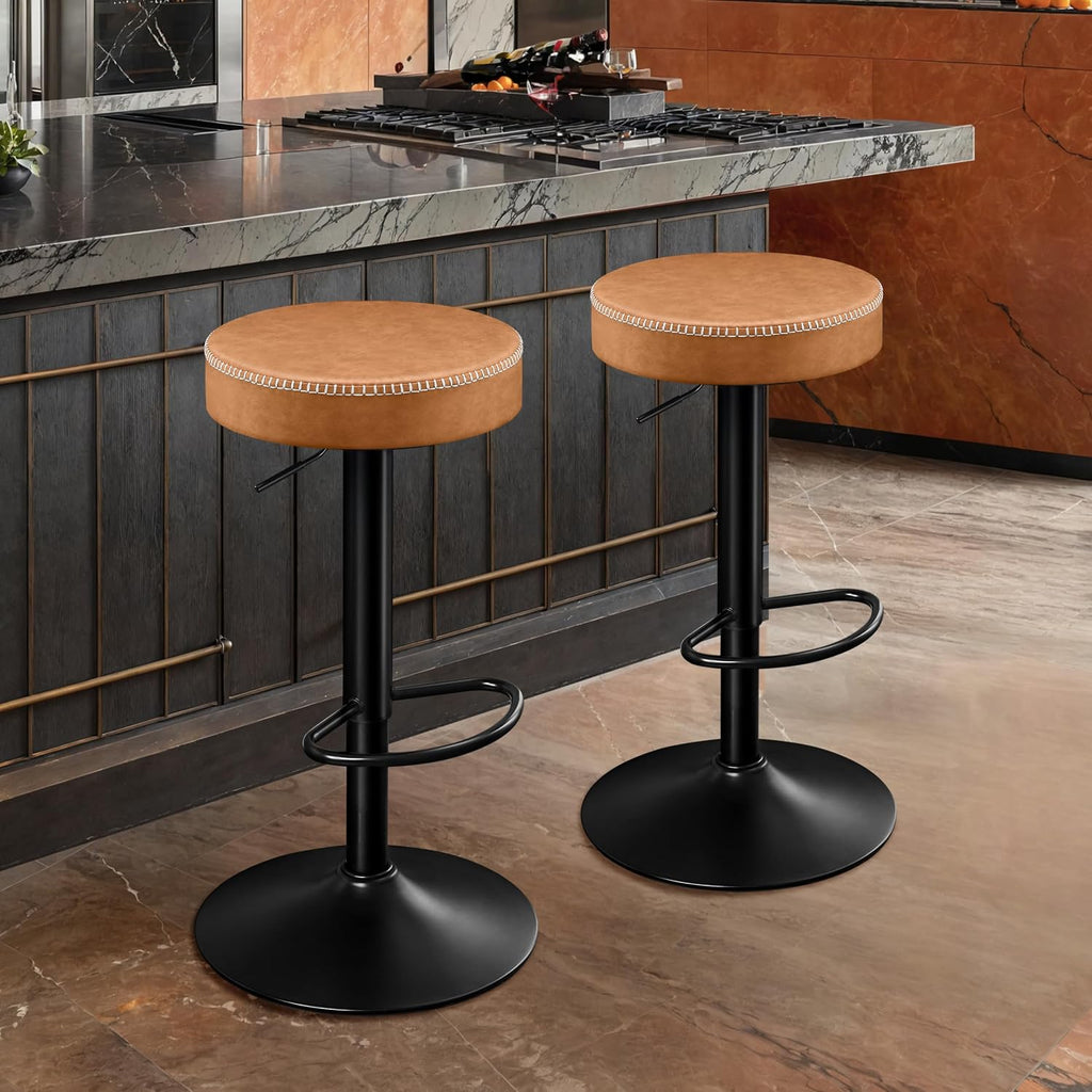 STOOLINK Tall Bar Stools Set of 2, Microfiber Leather Bar Height Stools | 360° Swivel Backless Bar Stools with Round Seat, Adjustable Counter Stools for Kitchen Island, Pub, 330 Lbs, Brown