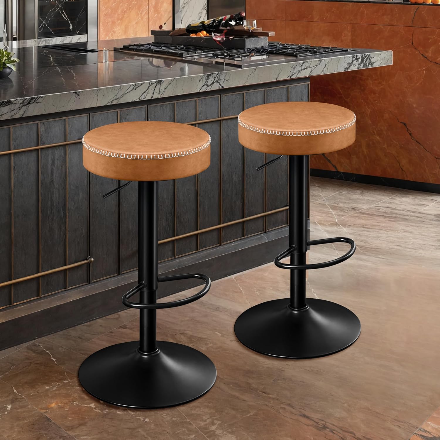 STOOLINK Tall Bar Stools Set of 2, Microfiber Leather Bar Height Stools | 360° Swivel Backless Bar Stools with Round Seat, Adjustable Counter Stools for Kitchen Island, Pub, 330 Lbs, Brown