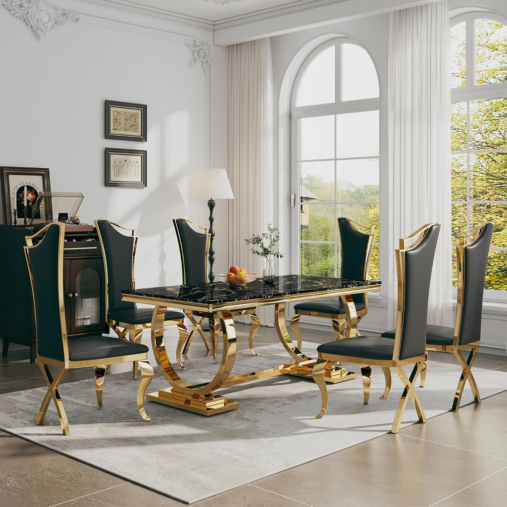 Luxury 7 Piece Marble Dining Table Set with 6 High Backrest Chairs, 70" Faux Marble Kitchen Table with Double O-Shaped Stainless Steel Base, Dining Room Set for Kitchen, Living Room