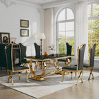Luxury 7 Piece Marble Dining Table Set with 6 High Backrest Chairs, 70" Faux Marble Kitchen Table with Double O-Shaped Stainless Steel Base, Dining Room Set for Kitchen, Living Room