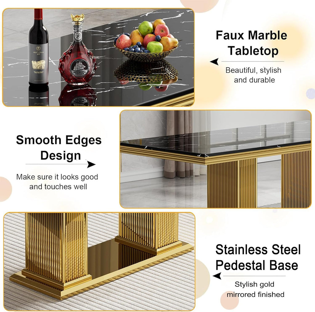 Black Marble Dining Table Set for 6,68 inch Black Marble Table with Golden Double Column Stainless Steel Base, Faux Marble Kitchen Table and Velvet Chairs Set of 6, Dining Room Table Set for 6