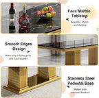 Black Marble Dining Table Set for 6,68 inch Black Marble Table with Golden Double Column Stainless Steel Base, Faux Marble Kitchen Table and Velvet Chairs Set of 6, Dining Room Table Set for 6