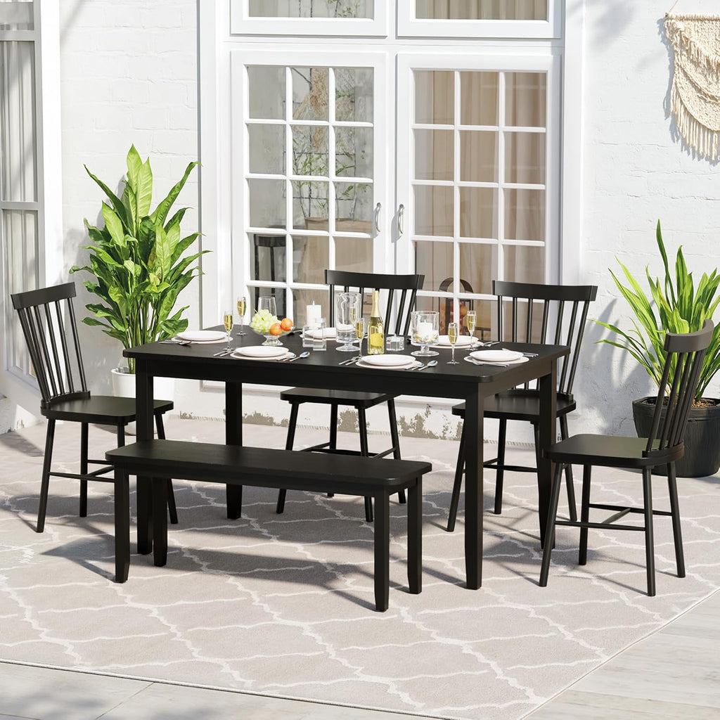 JUMMICO Solid Wood 6 Piece Dining Table Set, Modern 58"/W Kitchen Table Set for 6 with 4 Windsor Chairs & 1 Bench, Kitchen & Dining Room Sets for Kitchen, Restaurant (Black)
