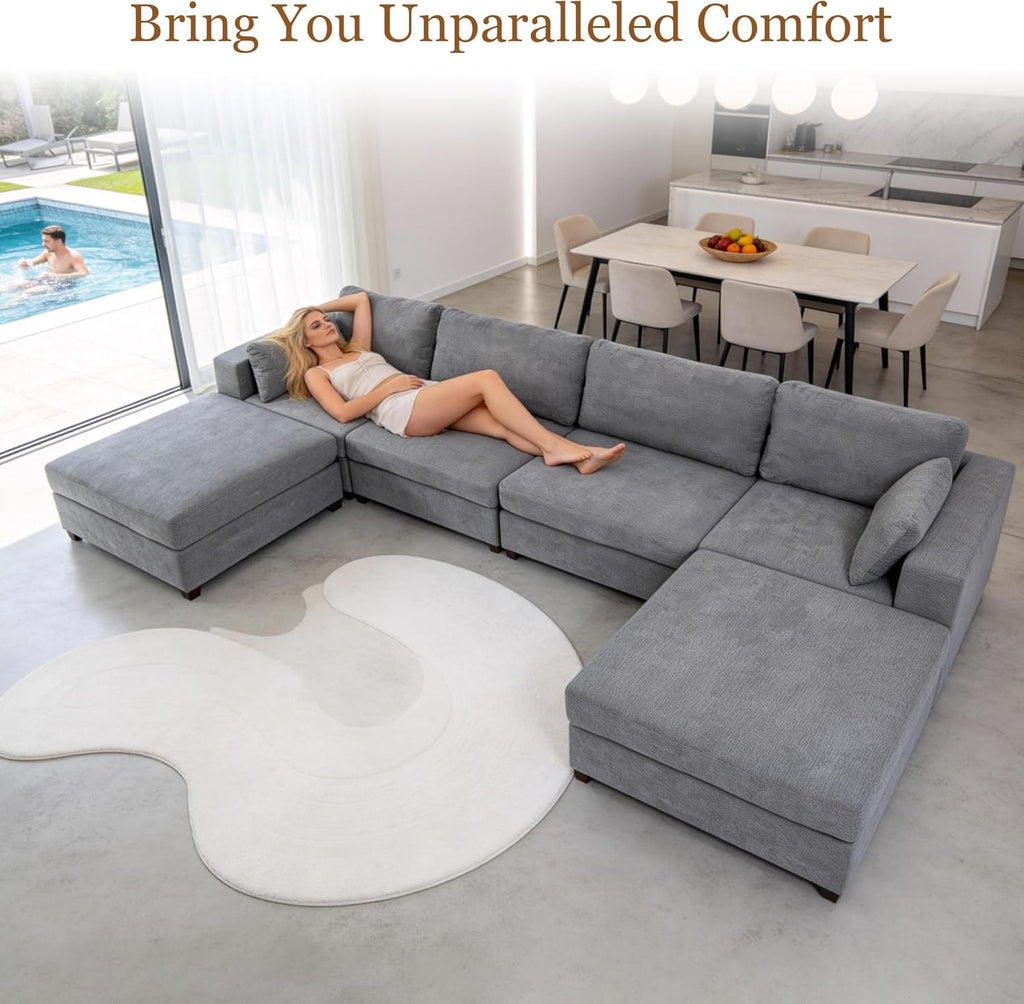 Oversized U Shaped Sectional Couch for Living Room, Extra Large Cloud Couch with Washable Covers, Modern Luxury Deep Seat Sectional Sofa for Apartment, Light Gray