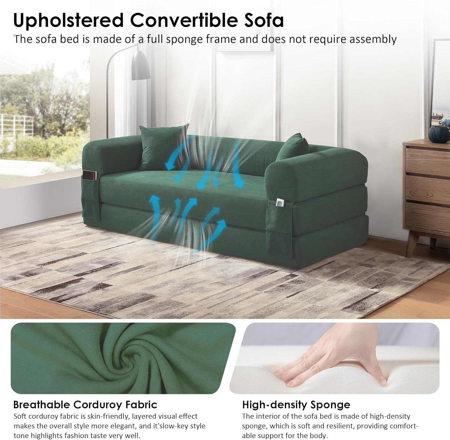 80" Cloud Sleeper Sofa Bed Pull Out Couch, Corduroy Sofa with Side Storage Pocket, Convertible Compression Sofa with Pillows for Living Room Bedroom, Light Green