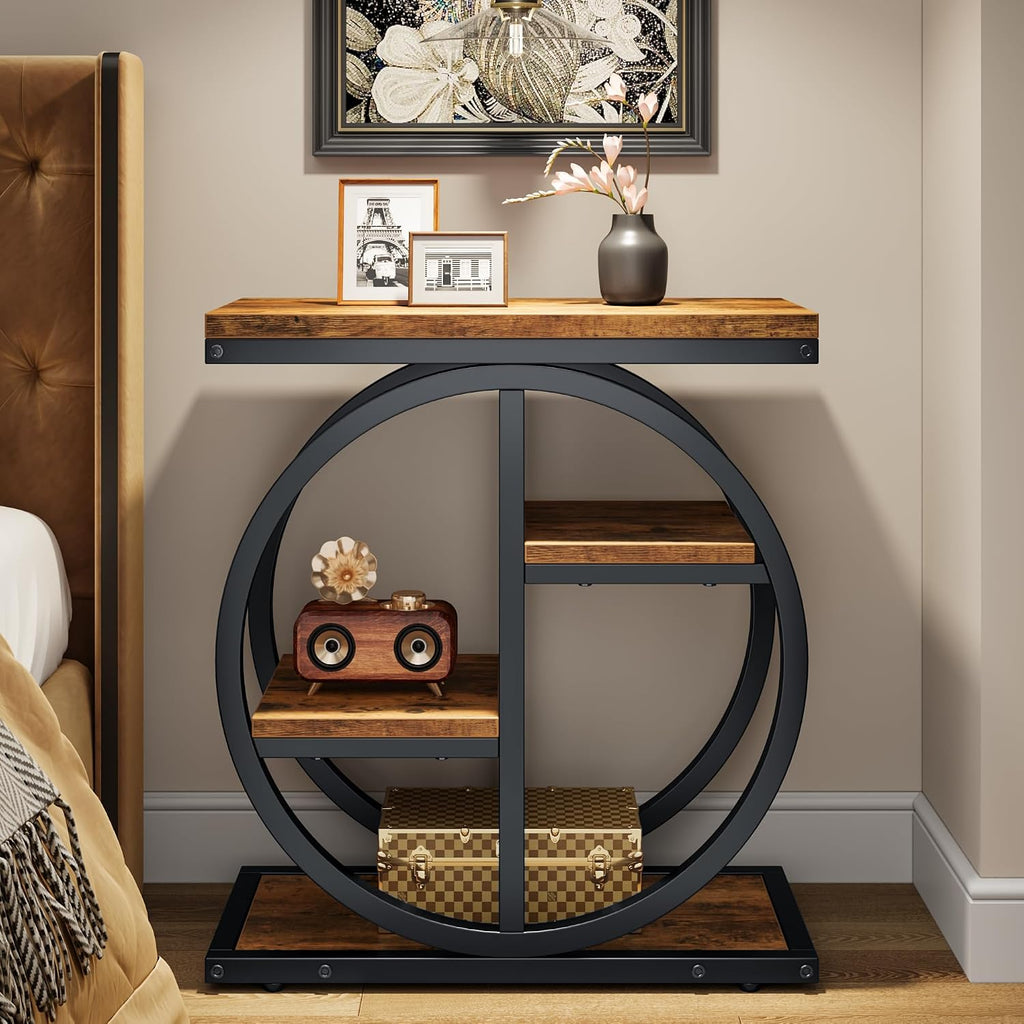 End Tables for Living Room, 4-Tier Narrow Side Table with Storage Space, Wood Slim Sofa Side Table with Geometric Metal Frame, Industrial Skinny Nightstand and Bedside Table, Rustic Brown