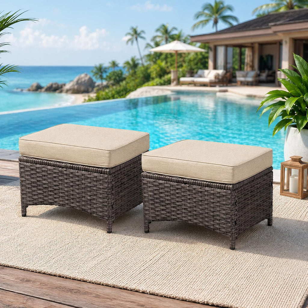 Outdoor Ottoman Set of 2, Rattan Patio Ottoman Footrest Seat with Thickened Cushions, for Yard, Poolside