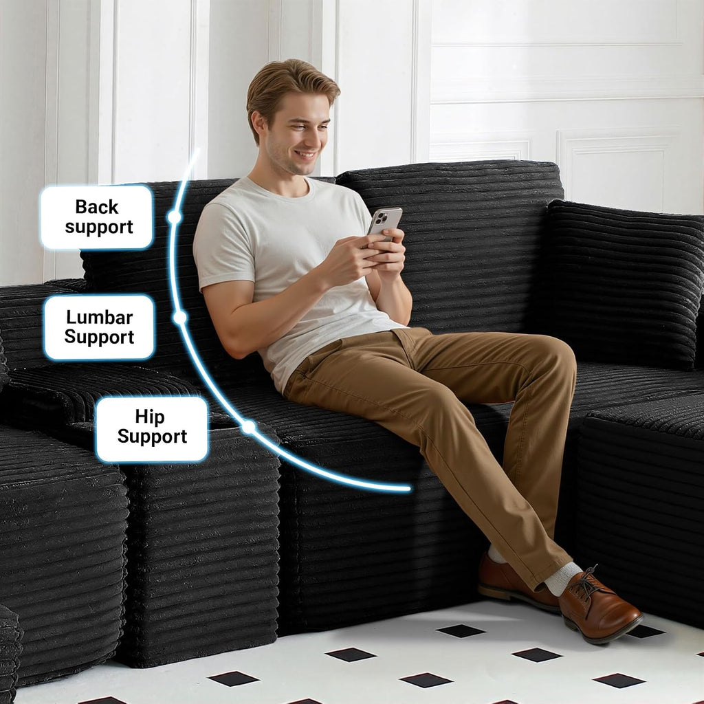 ivoros 150 Inch Modular Sectional Sofa Couch, Oversized Modern Cloud Couch for Living Room, U Shape Couches with 2 Ottomans, USB Ports and Cup Holders, Black Corduroy Sofas, Sofa in a Box