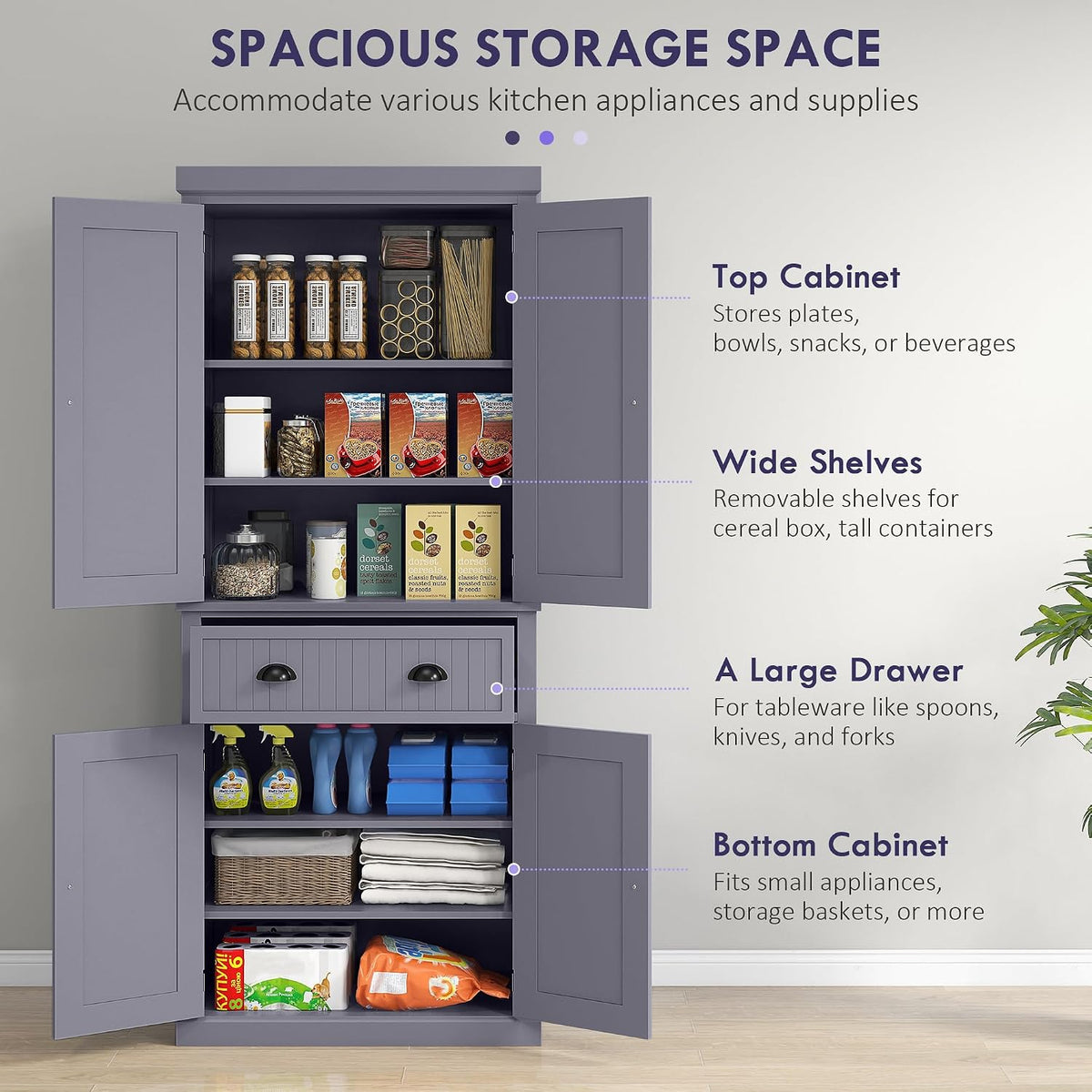 Blue 72" Farmhouse Kitchen Pantry Cabinet Bathroom Cabinet, Multiple Storage Space Tall Storage Cabinet with 4 Soft-Close Doors, 2 Adjustable Shelves and Drawer for Living Room