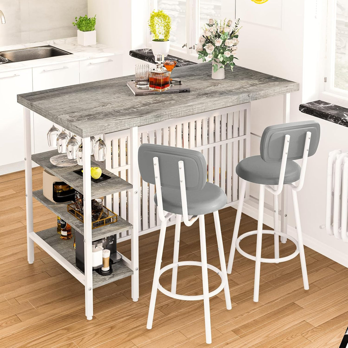 DKLGG 3 Piece Dining Table Set for 2,Kitchen Island with Seating & Storage,Industrial Bar Table and Chairs Set,Space-Saving Pub Table Set for Small Space (Grey)