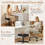 LUE BONA Adjustable Vanity Stool, Foot Rest Under Desk, 360° Swivel Vanity Chair for Makeup Room, Black Upholstered Faux Leather Ottoman for Bathroom & Living Room, 300lbs