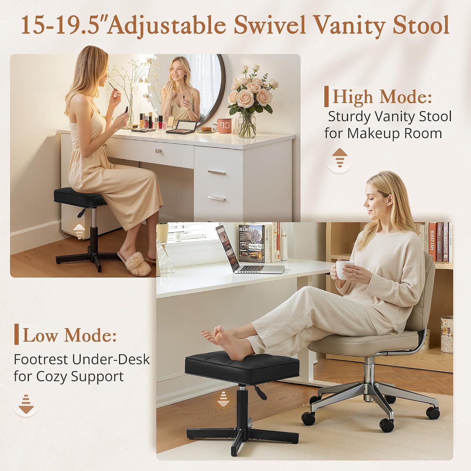 LUE BONA Adjustable Vanity Stool, Foot Rest Under Desk, 360° Swivel Vanity Chair for Makeup Room, Black Upholstered Faux Leather Ottoman for Bathroom & Living Room, 300lbs