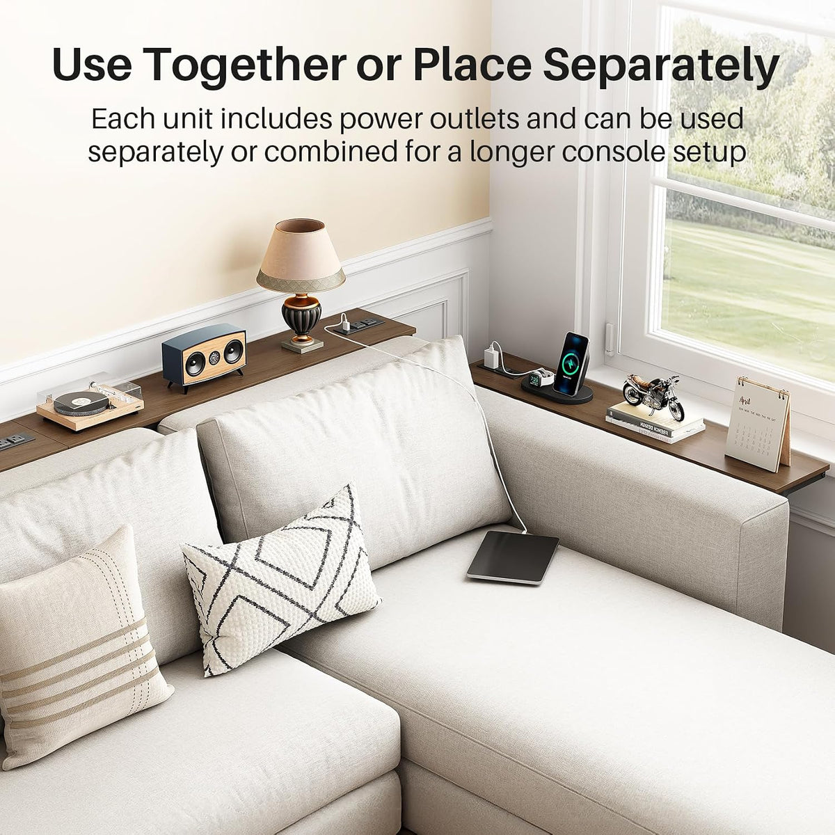 Kitstorack Narrow Sofa Table with Charging Station, 78.8" Behind Couch Table, Adjustable 24.4"-32.7" Height, Modular 2-piece Design for sectionals, entryways, Apartments, and Narrow Living Spaces