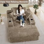 49" x 76" Corduroy Chaise Lounge, Cup Holders, Camel | Super-oversized corduroy chaise with deep sleeper seating and built-in cup holders for reading, lounging rest.